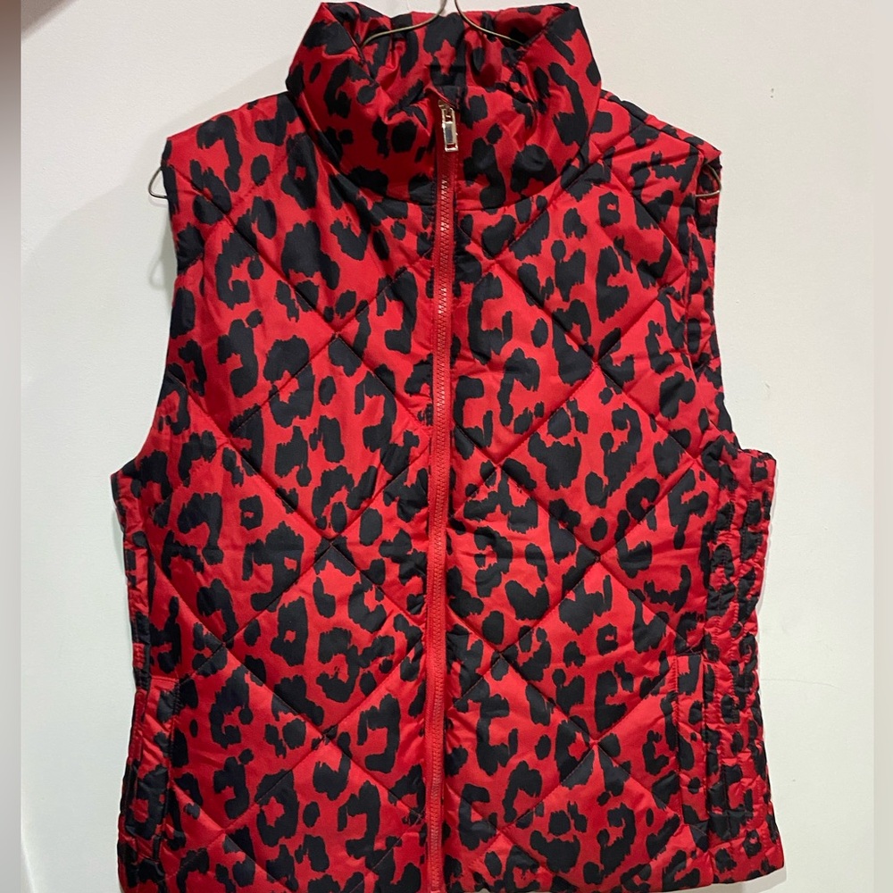New York & Company Red & Black Leopard Print Puffer Vest - Size L